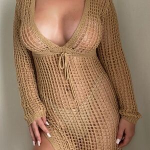 Elegant Tan Crochet Swim Cover-Up